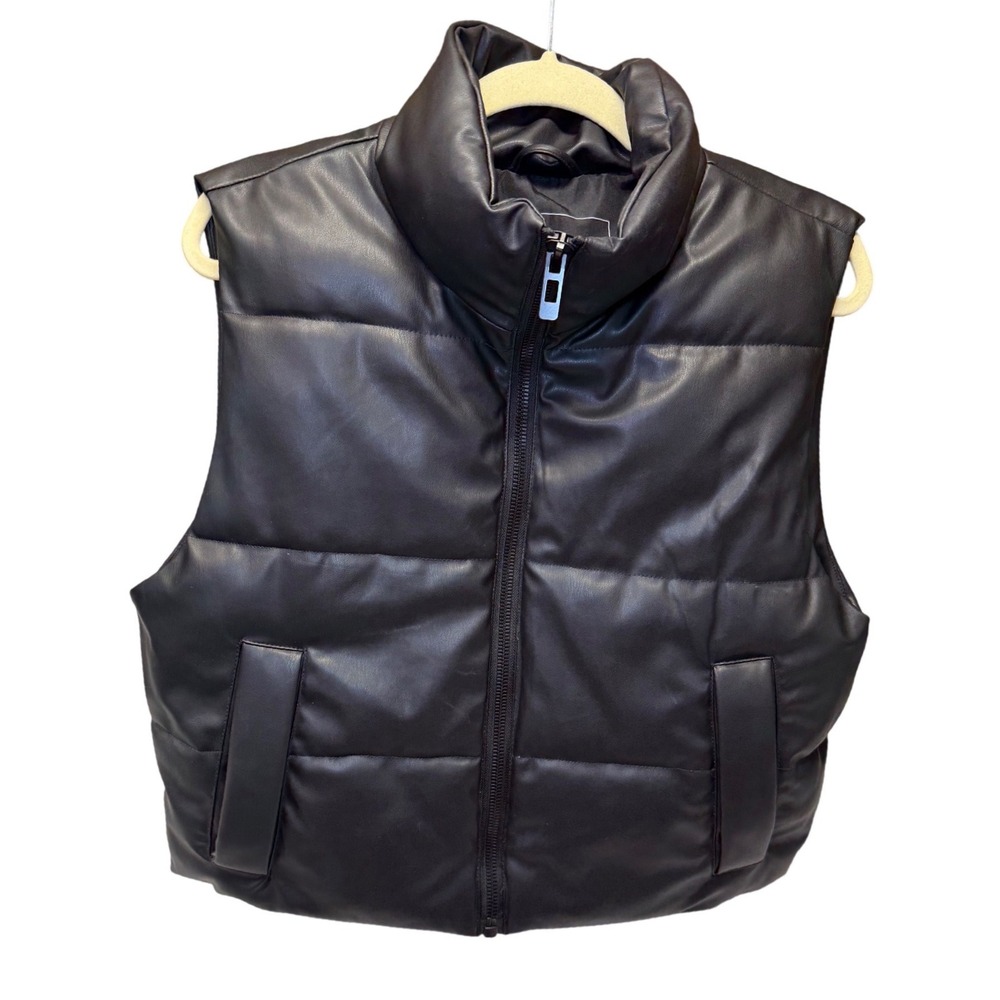 Zara Womens Faux Leather Puffer Vest Black Zip Up Sleeveless Jacket Small